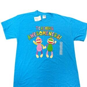Size large‎ turquoise blue teacher shirt, Sock monkeys Teaching Awesomeness